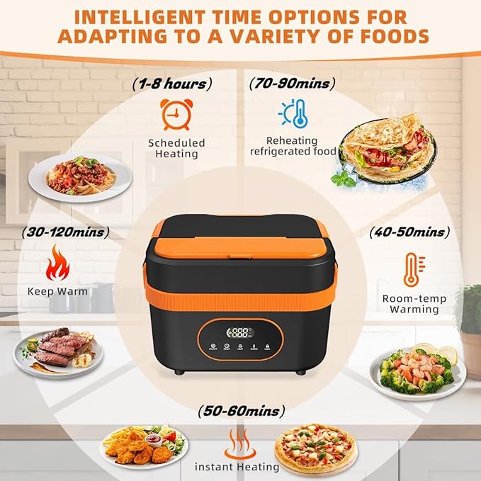 Cordless Electric Lunch Box,20000mAh Heated Lunch Box Rechargeable Battery Powered Self-Heating Food Warmer,1.5L Large Capacity Portable for Car,Work,Office,Travel,Picnic&Outdoor (Black & Orange)