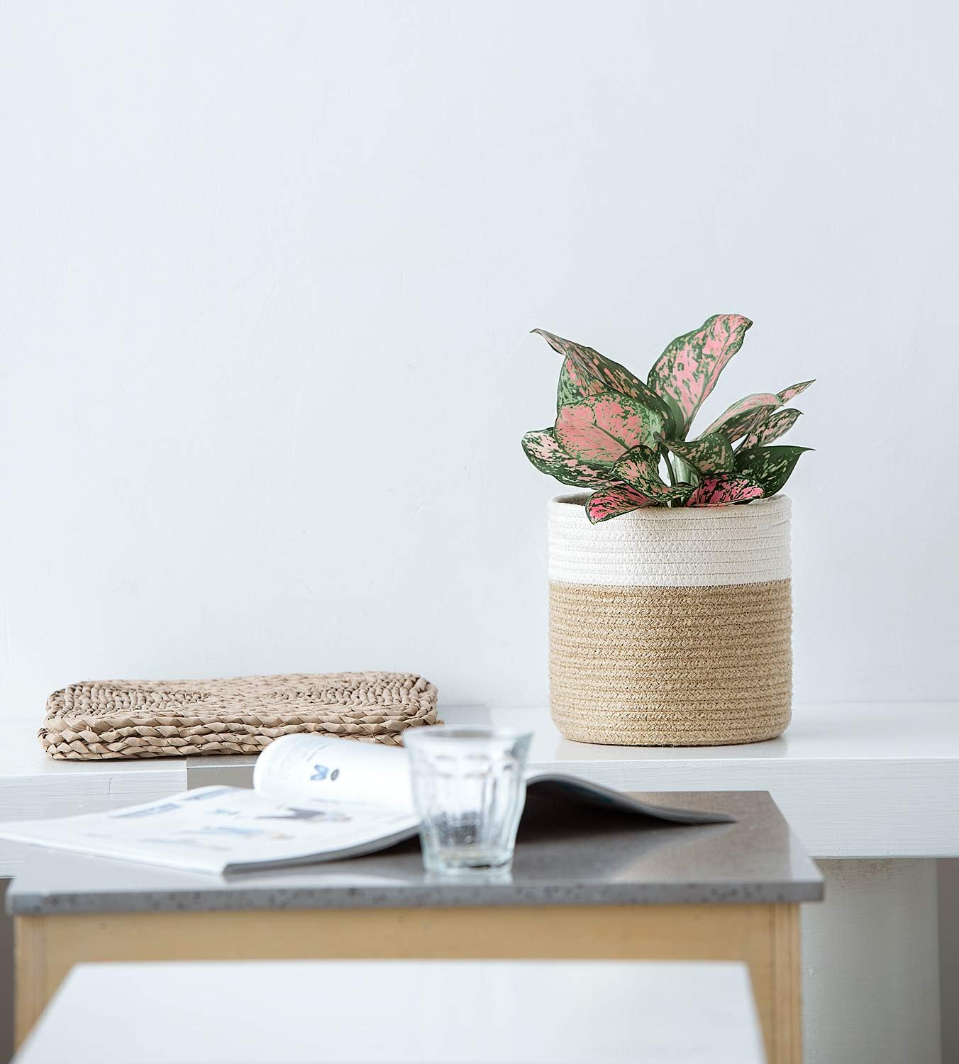 Dahey Small Cotton Rope Plant Basket Woven Plant Coiled Basket for Up to 7" Planter, Decorative Flower Pot Cover Closet Storage Bin Table Desk Organizer for Home Decor, White and Beige