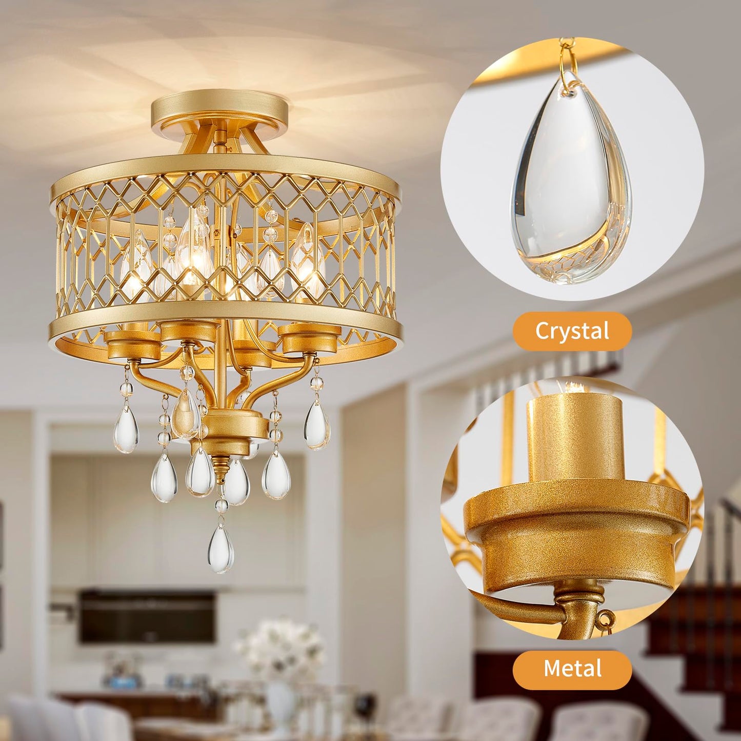 Crystal Ceiling Light Fixture  Farmhouse Semi Flush Mount Ceiling Light  Gold Crystal Chandeliers For Dining Room Light Fixture  Hallway Lighting Fixtures For Kitchen Bedroom Bathroom Foyer Entryway