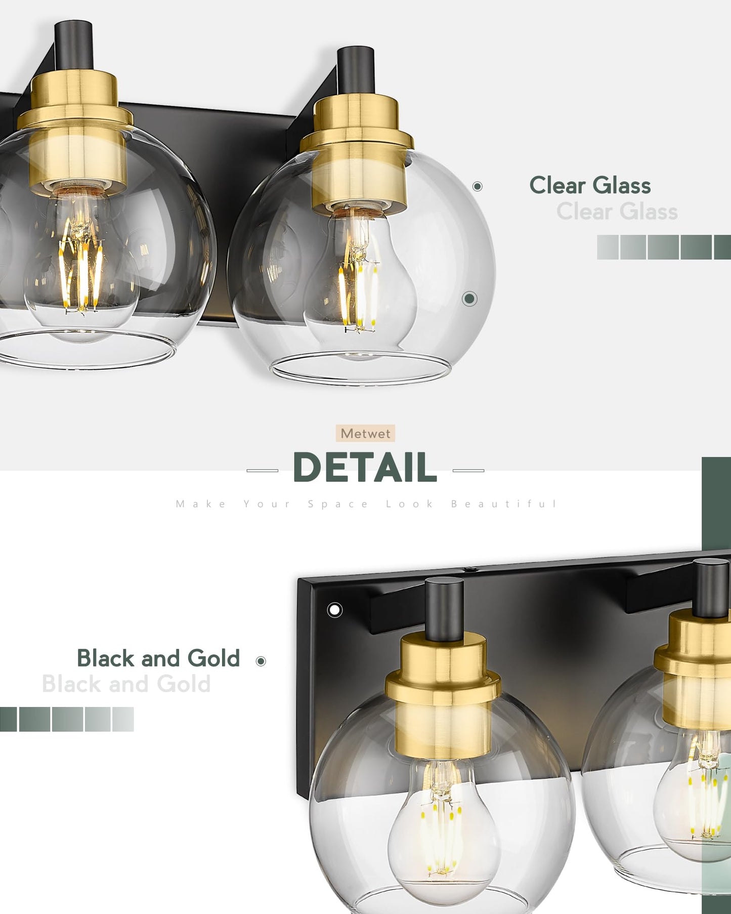 Metwet Bathroom Light Fixtures  4-Light Black And Gold Bathroom Vanity Light  26 Inch Modern Wall Sconces With Globe Clear Glass Shade  Vanity Lighting Fixtures Over Mirror  Vl195-Kg-4