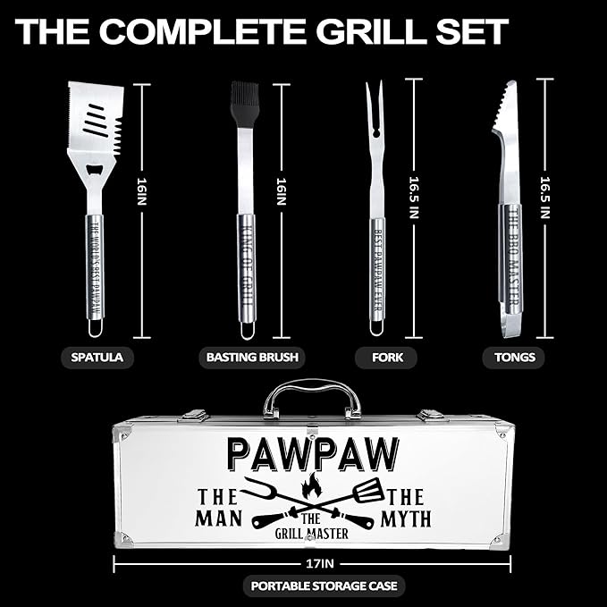 Paw Paw Gifts, Christmas Pawpaw Gifts for Grandpa from Grandkids Heavy Duty Grilling Accessories Kit for Backyard BBQ, Thick Stainless Steel Grill Utensils with Non-Slip Handle Tool for Man