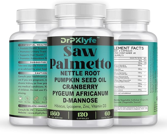 Saw Palmetto Capsules for Prostate, Bladder & Hair Health – Includes Nettle Root, Pumpkin Seed, Cranberry, D-Mannose, Pygeum, Hibiscus – 120 Capsules (60-Day Supply)
