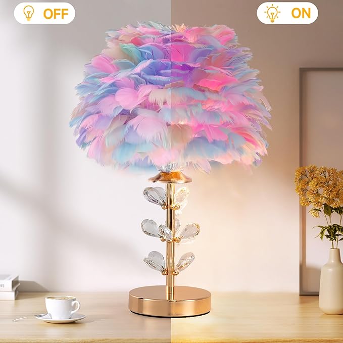 Colorful Feather Lamp Creative Furry Table Lamp Modern Feather Desk Lights Romantic Princess Bedside Nightstand Light for Teen Girls Bedroom Living Room Wedding Entryway Office