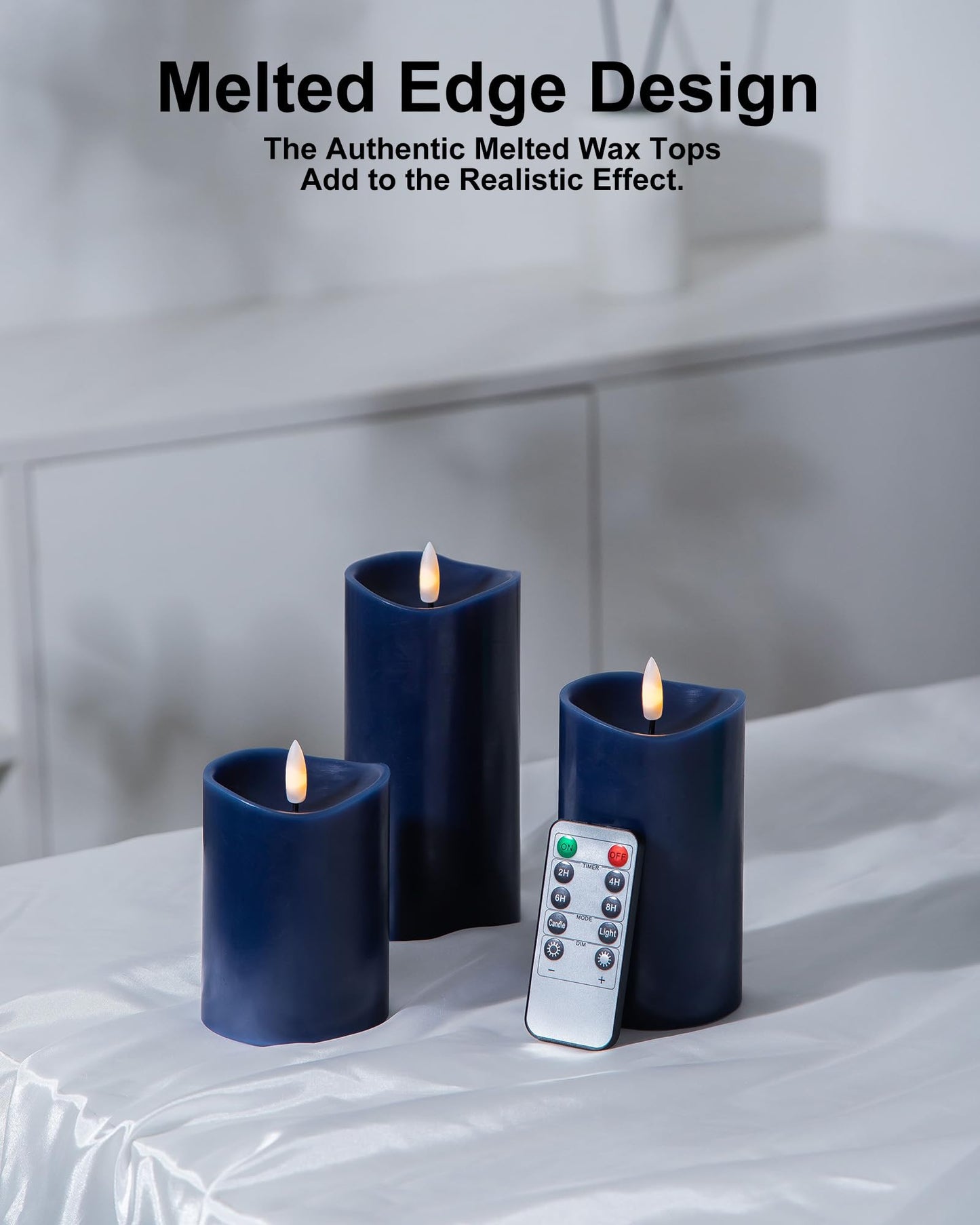 Velsyn Navy Blue Flameless Candles with Remote and Timer, Real Wax Made LED Pillar Candles Battery Operated with 3D Flickering Flame Melted Top, 3" x 4", 3" x 5", 3" x 6", Navy Blue Decor, Set of 3