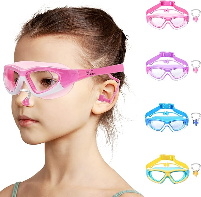 Vvinca Kids Swim Goggles for Kids 3-12, Upgraded Design with Ear & Nose Plug, Wide View Anit-Fog No Leak Water Pool Goggle