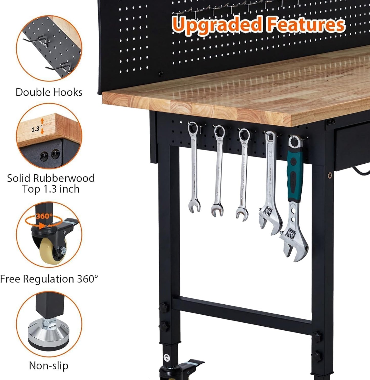 60-Inch Garage Workbench with Wheels, Adjustable Rubber Wood Top Garage Workbench with Pegboard & Drawer & Power Outlet, 2000 lbs Load Capacity, for Workshop, Woodworking, Office