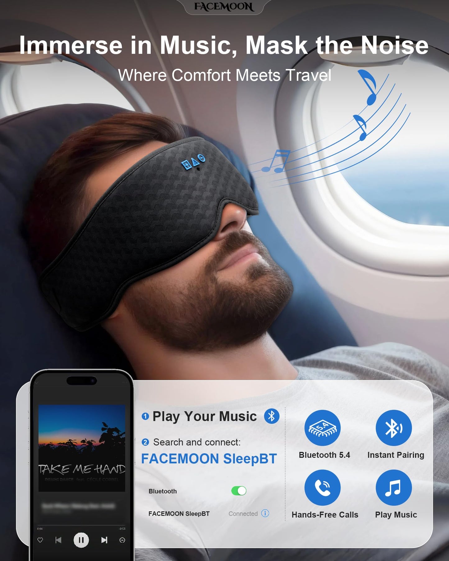 Sleep Mask with Bluetooth Headphones: 100% Blackout, 3D Zero-Pressure Eye Cups, Noise-Reducing Immersive Sound for Sleeping, Adjustable Speaker Fit, Bluetooth 5.4, Detachable Design, Travel Relaxation