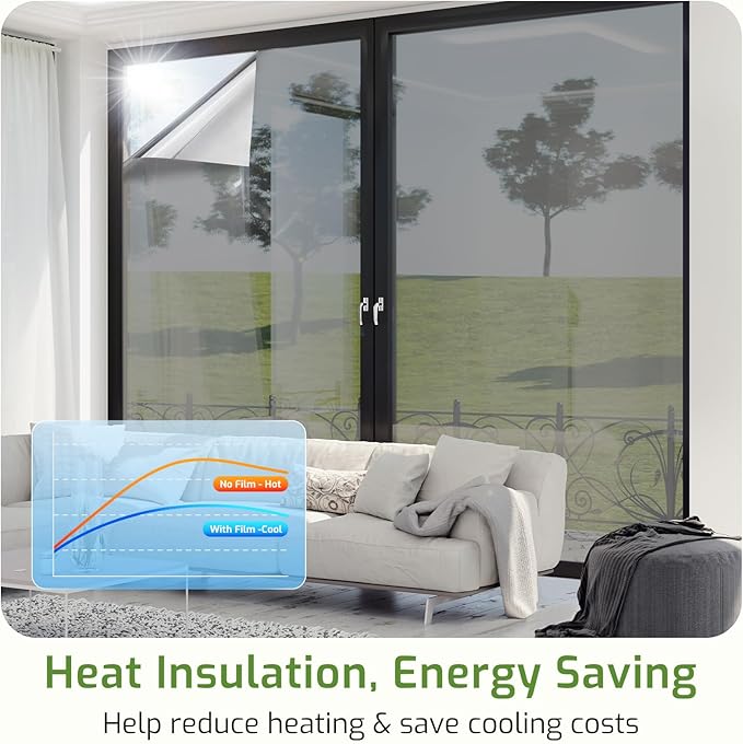 LUTE One Way Window Privacy Film, Window Tint for Home, Sun Blocking UV Heat Blocker, See Out Not in Reflective Mirror Film, Removable Static Cling Glass Door Cover, Black Silver, 23.6" x 118.1"