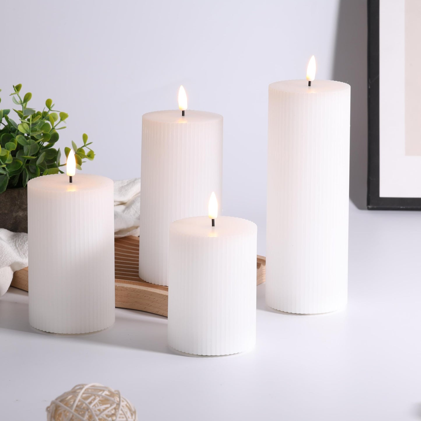 Girimax White Ribbed Flameless Pillar Candles with Remote, Flat Top Flickering LED Wax Battery Candles Set of 4, Φ 3" H 4" 5" 6" 8"