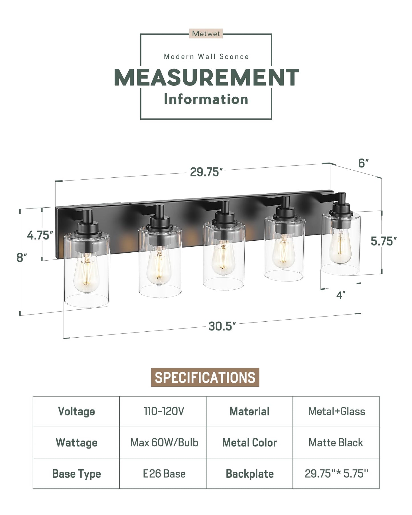 Metwet 5-Light Bathroom Light Fixtures  30 Inch Black Vanity Light With Cylinder Clear Glass Shade  Modern Vanity Lighting Fixtures Over Mirror  Vl143-Mb-5