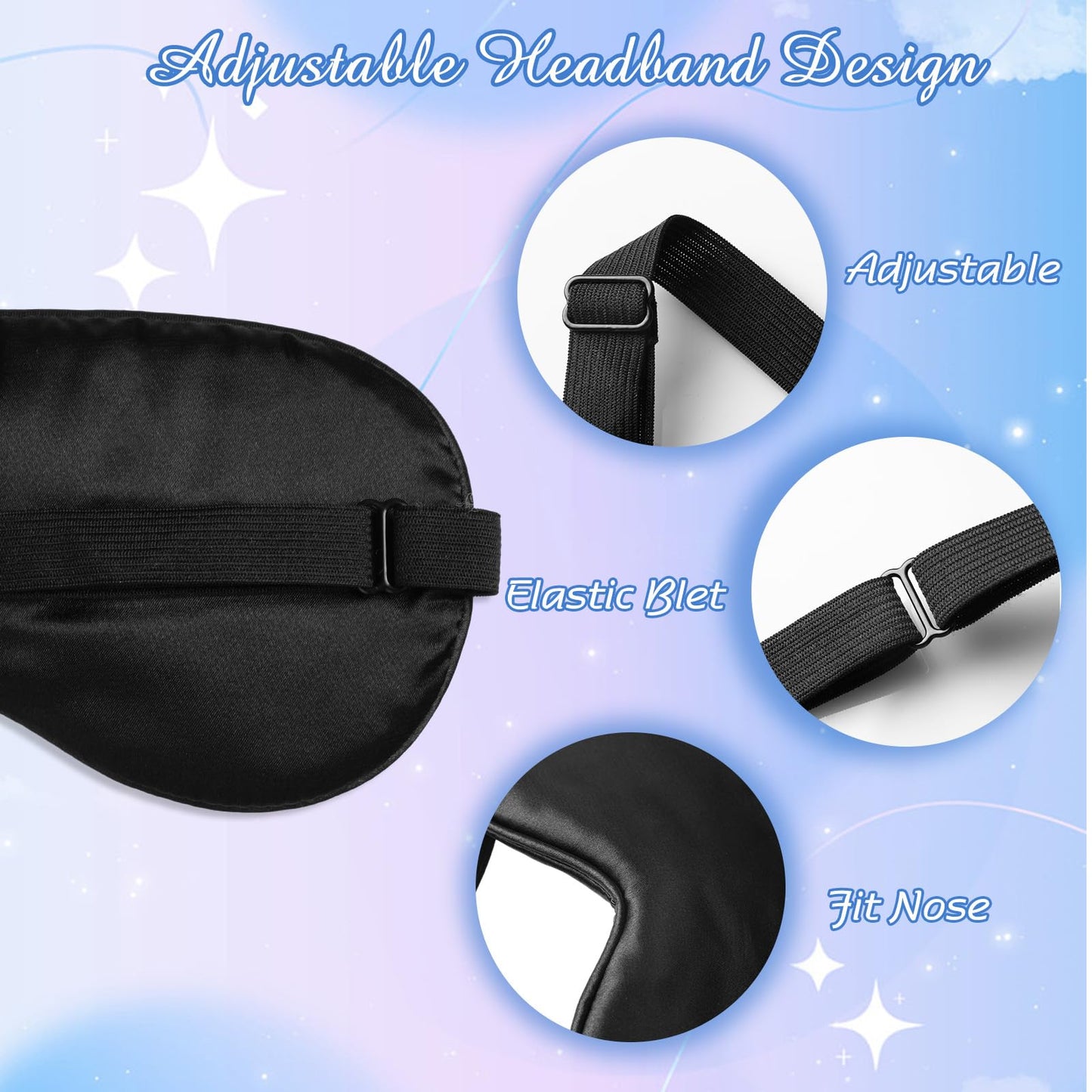 BBTO 8 Pcs Sleep Mask, Silk Eye Mask for Sleeping with Adjustable Strap, Blackout Sleeping Eye Blindfold Soft Silk Mask for Men Women Adults (Black)