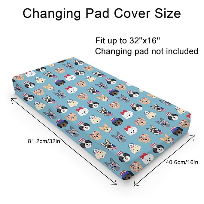 Cute Patriotic Dogs Baby Changing Pad Covers for Boy Girl 32''x16'' 4th of July Puppies Flags Fitted Diaper Change Table Mats Dogs Lovers Gift Soft Breathable Nursery Cradle & Bassinet Sheets