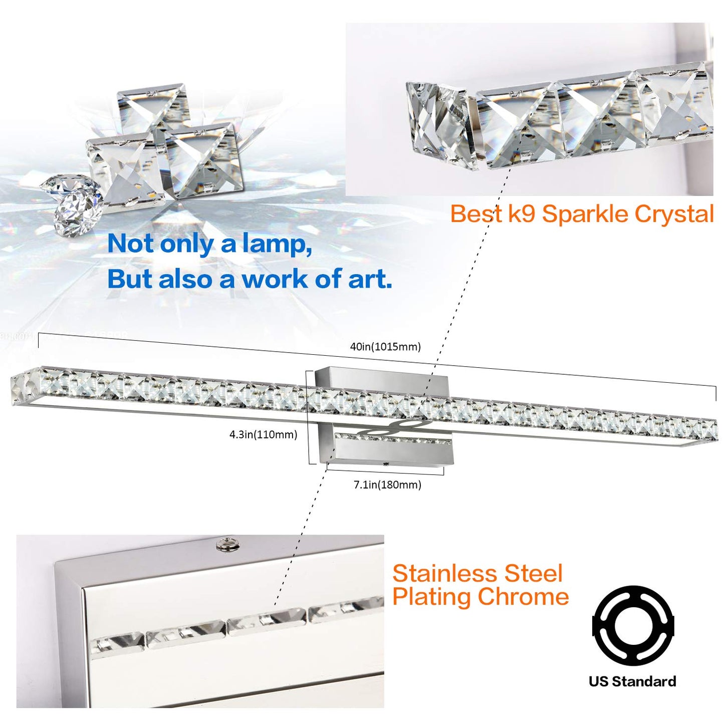 SOLFART Bathroom Vanity Light Fixture Over Mirror Dimmable Crystal 40 Inch White Light Model 794604211824