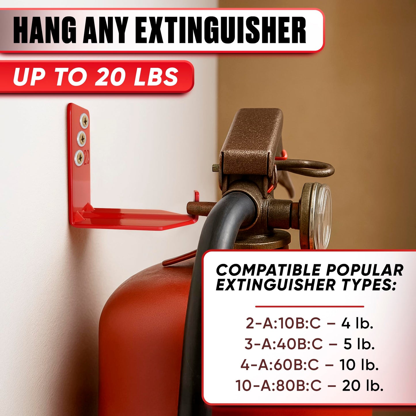 8 Pack Fire Extinguisher Hook - 2.36″ × 1.57″ × 2.36″ Fire Extinguisher Wall Mount Bracket, Hold Up to 20 lbs Each, Easy to Install, Includes Screw, Gaskets & Anchors, Good for Garage, Workshop, Home