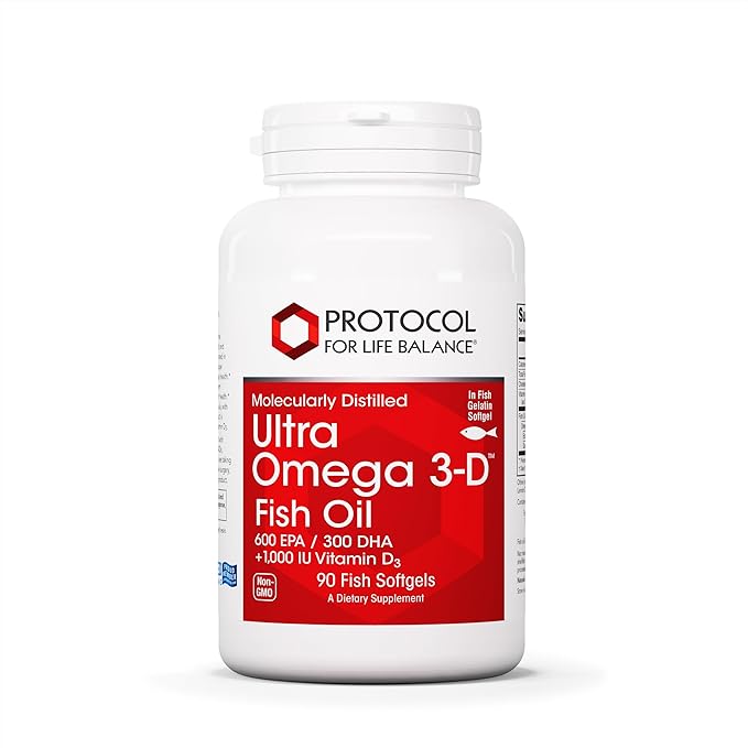 PROTOCOL FOR LIFE BALANCE Ultra Omega 3-D - 600mg EPA, 300mg DHA & 1,000 IU Vitamin D3 - Fish Oil for Brain Support - EPA DHA Omega Supplement - Non-GMO & Halal - 90 Softgels