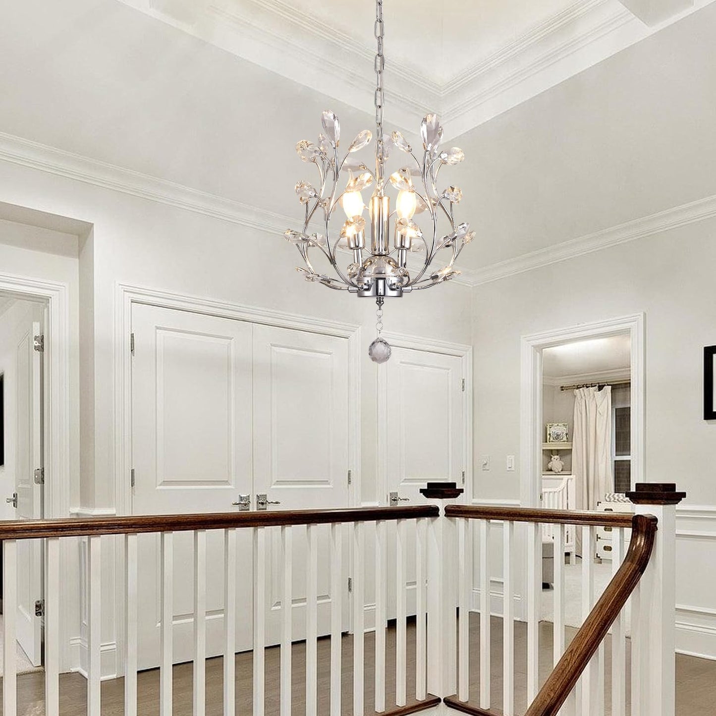 Ganeed 3-Light Branch Crystal Chandelier  Small Flush Mount Vintage Pendant Hanging Lighting  K9 Crystal Farmhouse Ceiling Light For Dining Room Bedroom Living Room Kitchen Hallway  Chrome Silvery