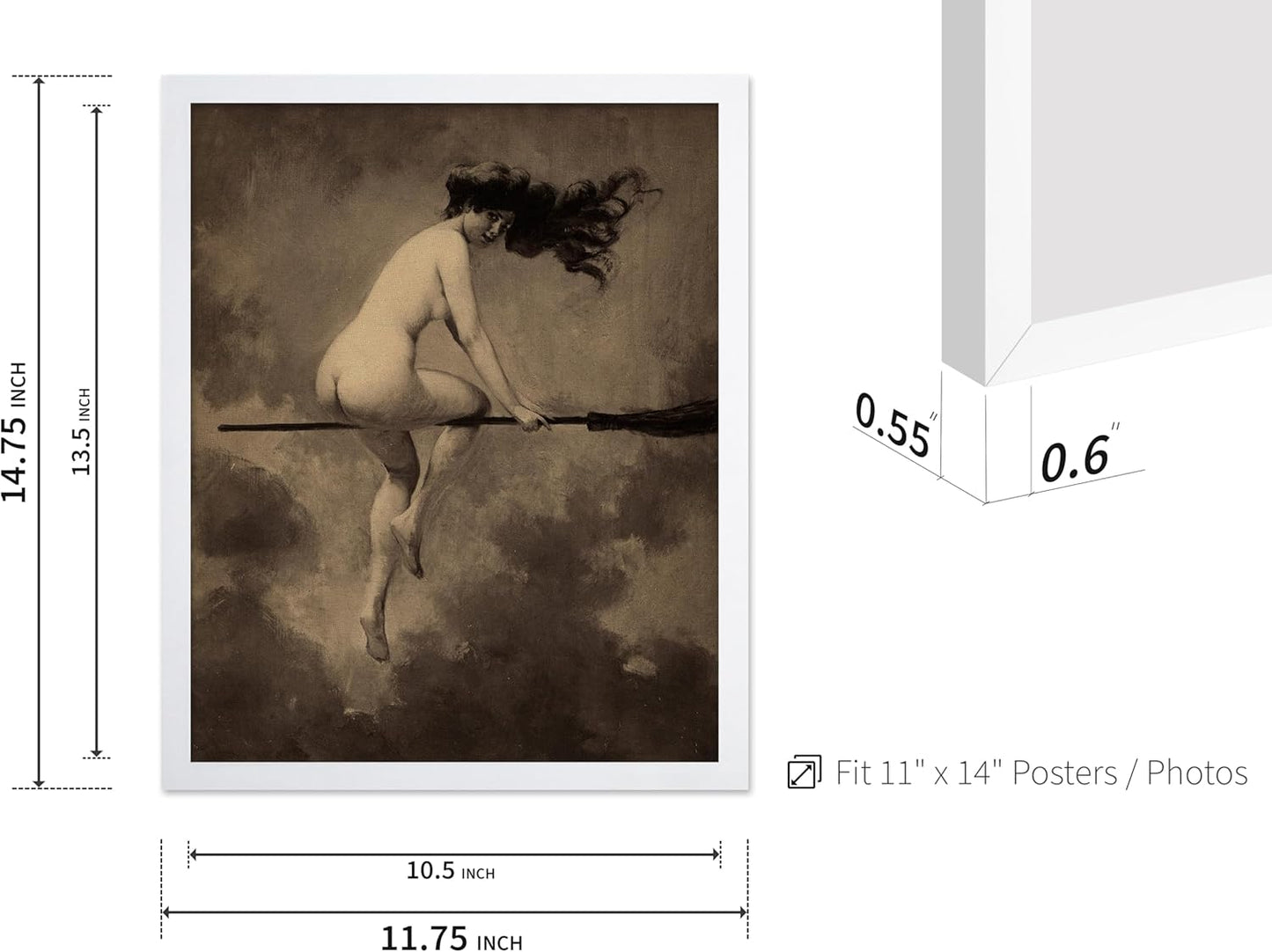 Poster Master Vintage Albert Joseph Penot Poster - Retro Halloween Print - Gift for Artist, Friend - Departure for the Sabbath, Naked Witch on Broom - Wall Decor for Bedroom, 11x14 White Framed