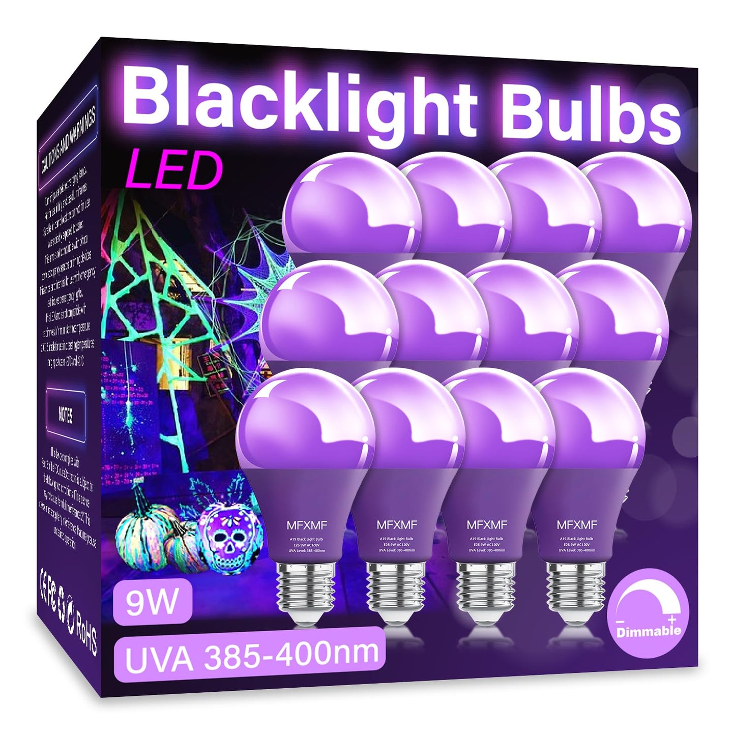 mfxmf A19 LED Black Light Bulbs 12 Pack, 9W (100W Equivalent), UVA 385-400NM, Plastic, Black Light