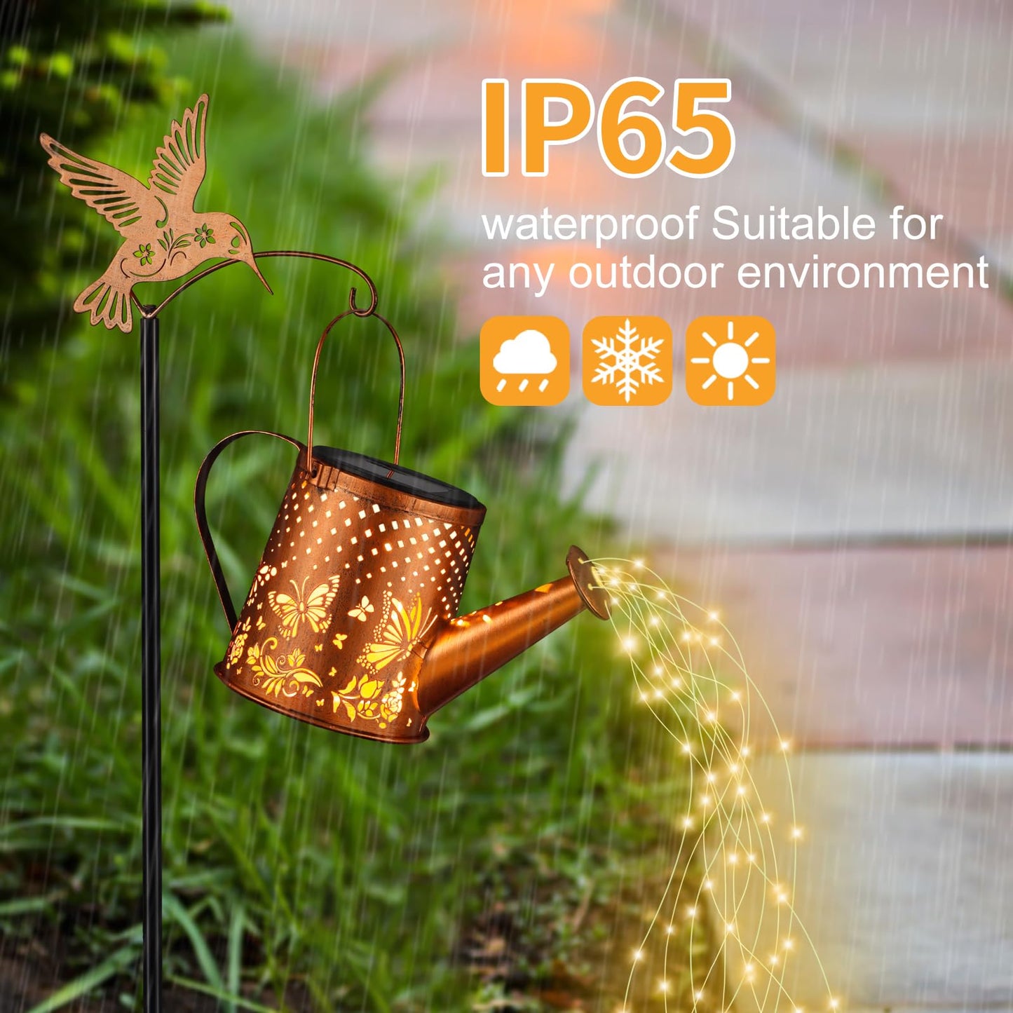 Outdoor Hanging Solar Lantern Waterproof Set Outside Metal Openwork Butterfly Watering Can Landscape Lights For Garden Yard Patio Pathway Decor Birthday Gifts For Women Mom Grandma -With Floor Pole