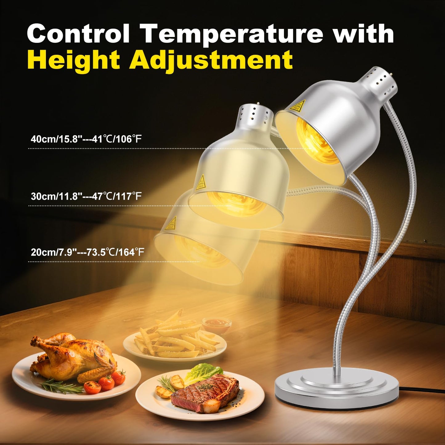 BOEASTER Food Heat Lamp, Single Head 250W Stainless Steel Commercial Food Warmer Lamp with 2 Bulbs, 360° Adjustable Portable Electric Warming Light for Restaurant Kitchen Buffet Counter Party Catering