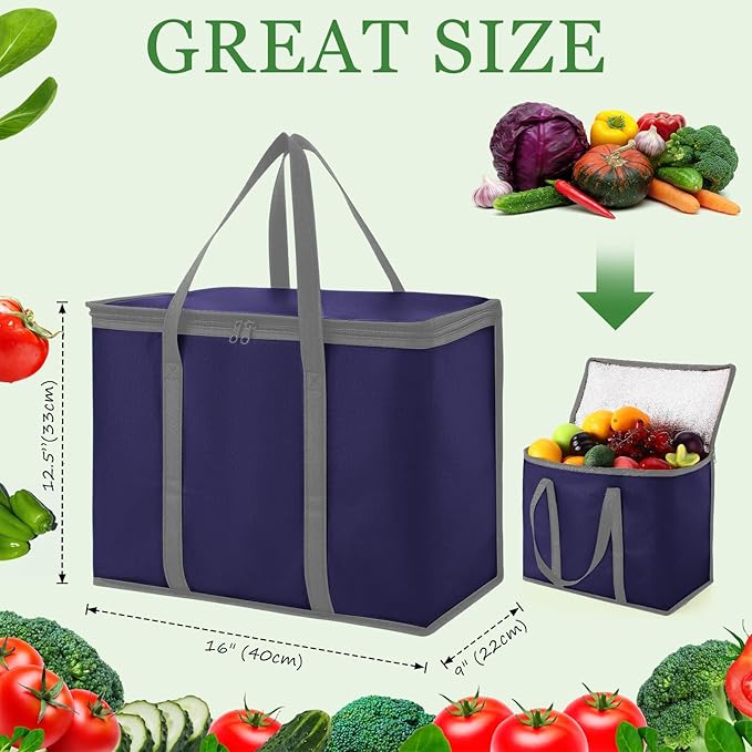 Kenning 15 Pcs Large Insulated Reusable Grocery Bags with Sturdy Zipper and Handles Foldable Washable Cooler Totes Heavy Duty Hot or Cold Food Delivery Bag for Food Transport Travel Lunch (Navy Blue)