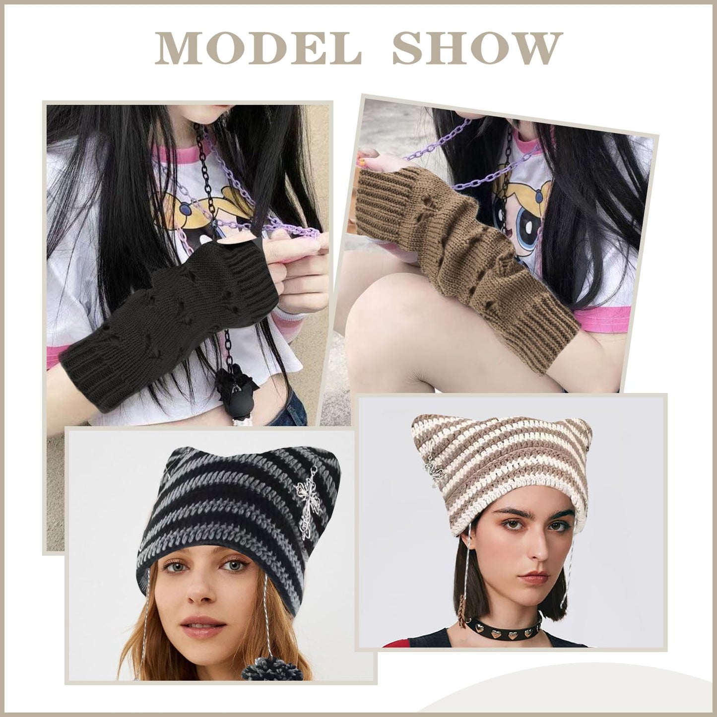 Women/Girls Crochet Hats Cat Beanie With Gloves Accessories Goth Grunge Crochet Knitted Arm Warmers Slouchy Beanies
