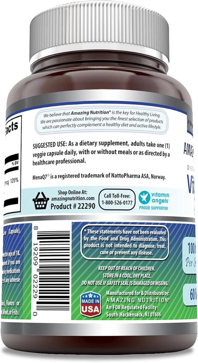 Amazing Formulas Vitamin K2 Menaq7 MK7 Supplement | 100 Mcg | Veggie Capsules | Non-GMO | Gluten Free | Made in USA (1 Pack, 60 Count)