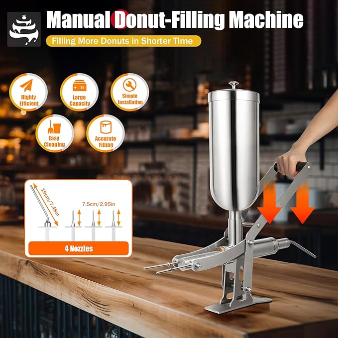 Donut Filler Machine | 5L Manual Dessert Churro Makers | 304 Stainless Steel | with 4 Nozzles | Max.Temperature 120°C/248°F | for Kitchens, Bakeries, Restaurants