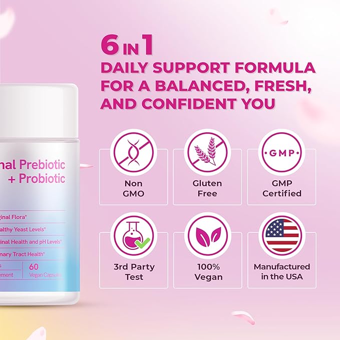 Vaginal Probiotics for Women Vaginigal Health, Prebiotic + Probiotic, 15 Billion CFUs, 60 Capsules - Clinically Tested for UTI Prevention, pH Balance & Vaginal Flora Wellness