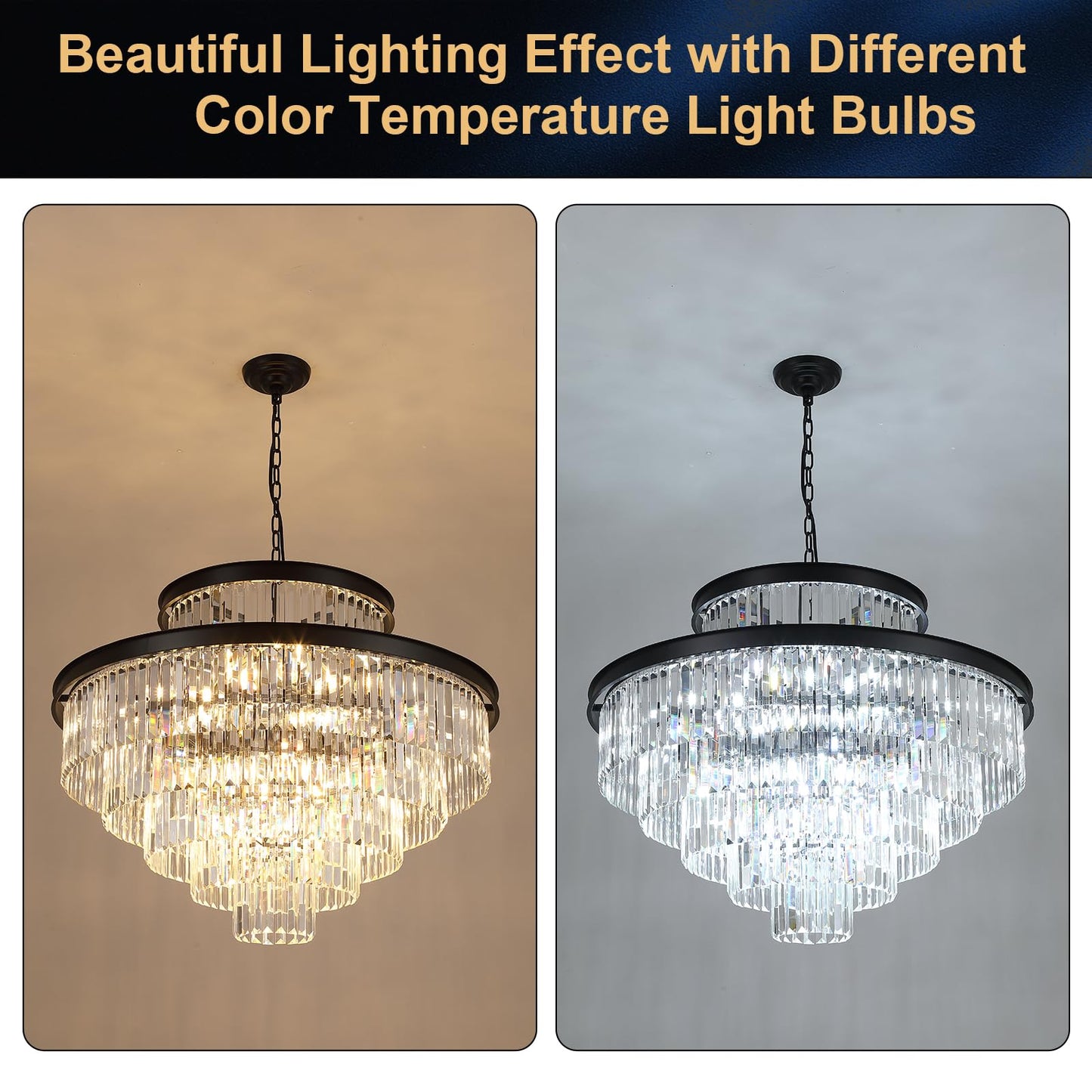 A AXILIXI 35in Large Black Crystals Chandelier K9 Crystal for High Ceilings, Adjustable Chain, Modern Design, Model 88319