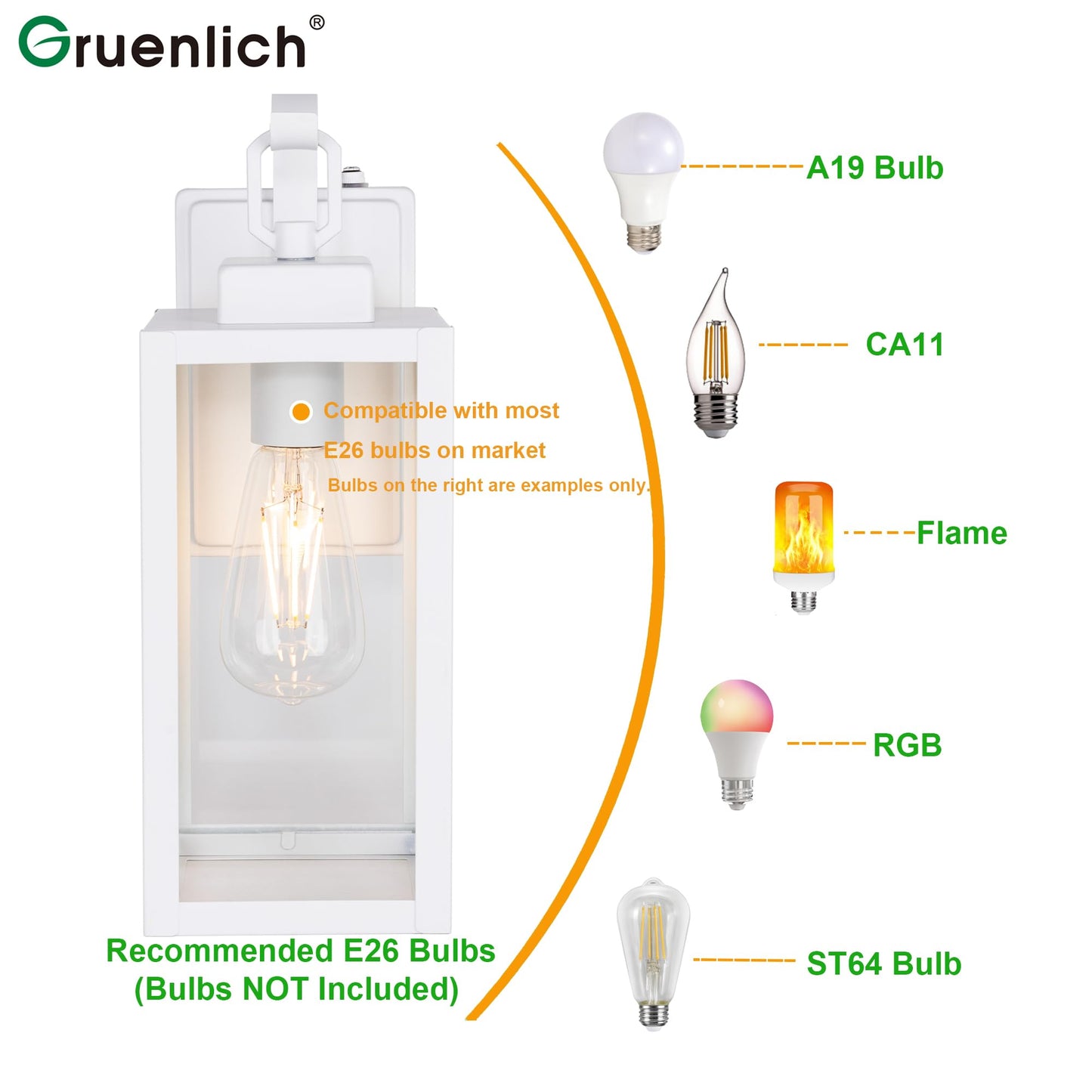 Gruenlich Dusk to Dawn Outdoor Wall Lantern, LED Sconce, Metal Housing, White Finish, E26 Base, Model GR-WL004D2D-WT