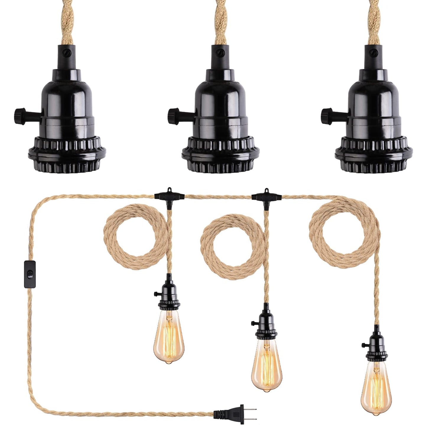 Yiliaw 27Ft 3-Light Plug-In Pendant Light With Hemp Rope, Industrial Style Hanging Lamp For Farmhouse Bedroom Living Room Decor