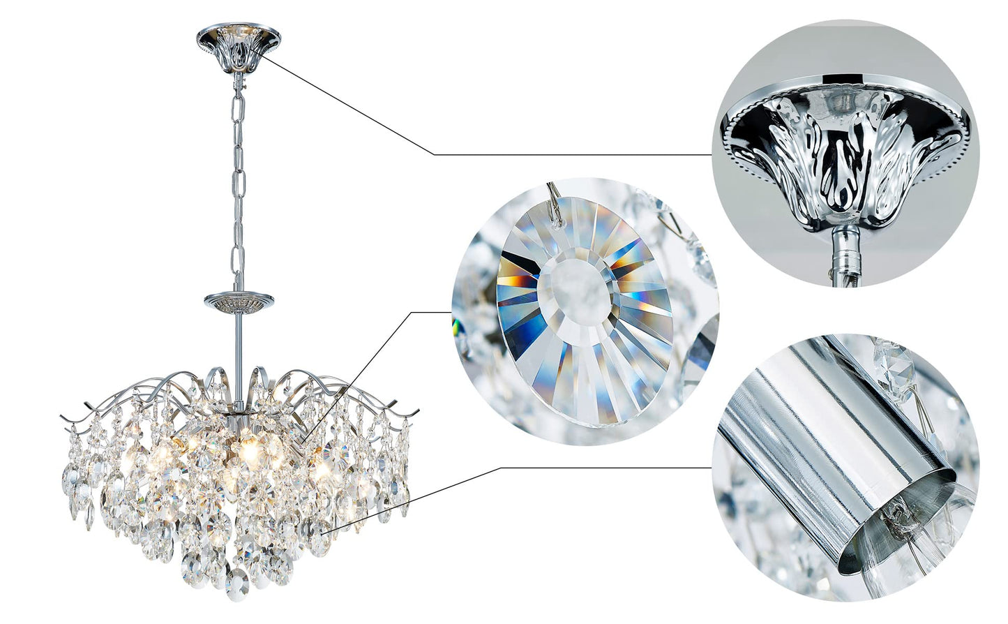SM Saint Mossi Modern K9 Crystal Chandelier, 6-Lights, D20 x H17, Chrome Finish, Model 22027, Adjustable Chains