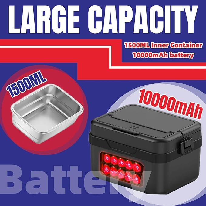 Cordless Electric Lunch Box, Heated Portable Food Warmer with 10000mAh Battery, 1L/1.5L Capacity, 3-Modes for Office Car Travel