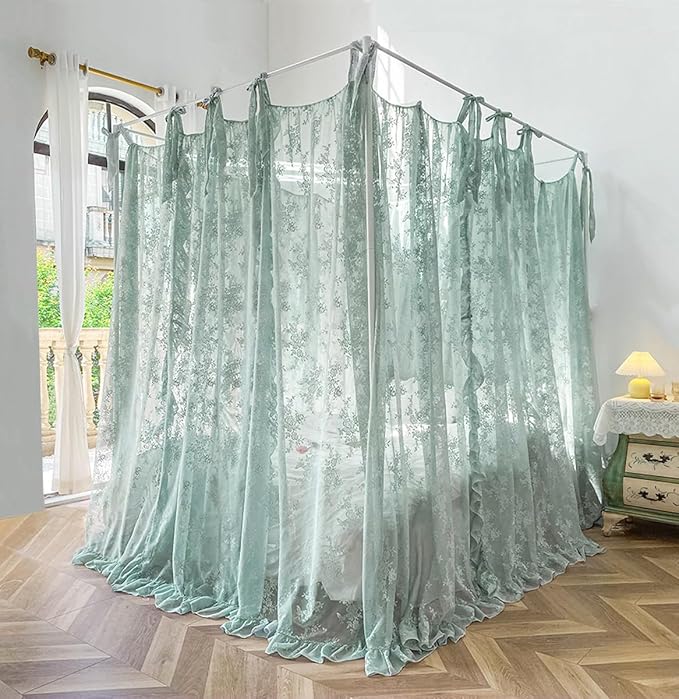 Mengersi Canopy Bed Curtains with Tie Backs,Bed Canopy Curtains Bed Drapes Sheer Lace Curtains for Bedroom Decor（California King,Sage Green