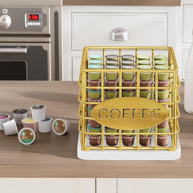 Coffee Pod Holder for K Cup, Large Capacity Coffee Pod Organizer, Versatile Coffee Capsule Storage Basket with Wooden Base, Gold and White KH10DW