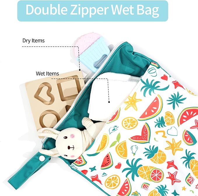 2pcs Wet Bags Waterproof Reusable Wet Dry Bag with Two Zippered Pockets Travel Beach Pool Daycare Yoga Gym Bag for Baby Cloth Diaper,Swimsuits,Wet Clothes (Flowers & Fruits)