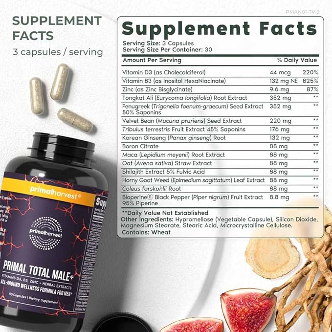 Primal Harvest 2 Pack, Primal Total Male Natural Tribulus Terrestris, Fenugreek, Korean Ginseng, Maca Root Horny Goat Weed for Men Booster, Max Boost 180 Capsules