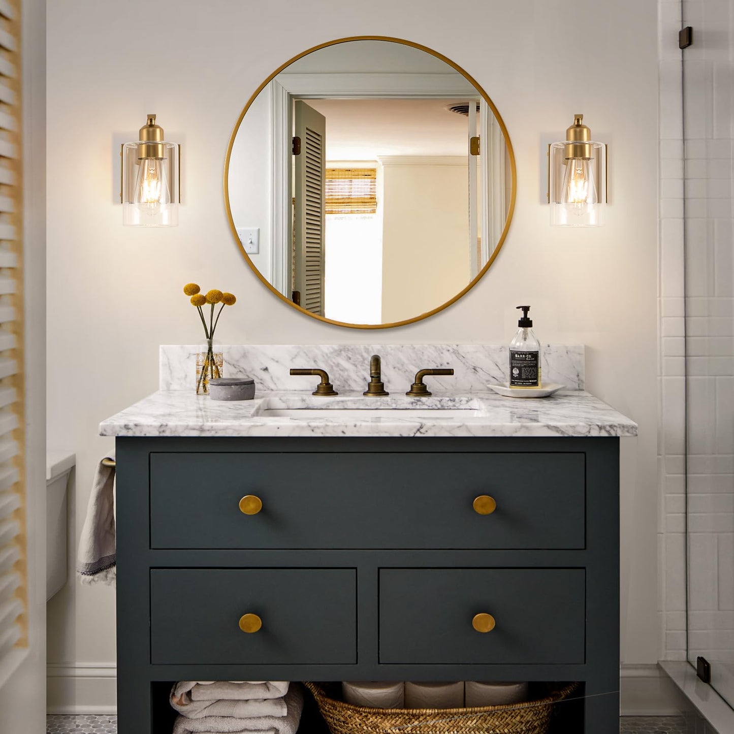 BELS Wall Sconces Set of 2, 8 Inch Gold Battery Operated, Dimmable with Remote, Clear Glass, Model VL-1195WT-GD-2P