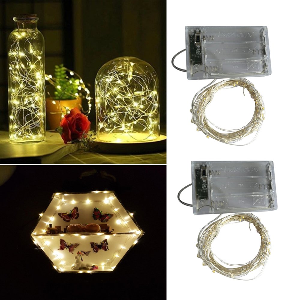 BXROIU 2 x 50LEDs Fairy Lights, Battery Operated, Silver Wire, Warm White, 16.4 ft, 2 Modes for Bedroom & Christmas Decoration