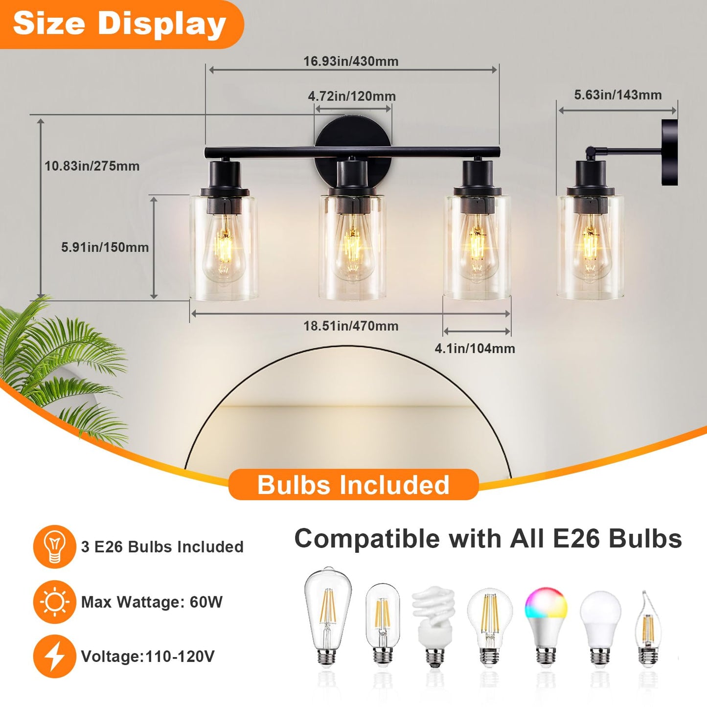 DINGLILIGHTING DLLT 3-Light Bathroom Light Fixtures - Matte Black Metal with Clear Glass Shade - 2 Packs