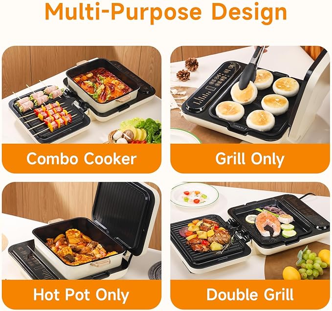 Joydeem Electric Grill with Hot Pot, Shabu Shabu Pot with Grill, Foldable & Detachable Design, 1800W, 4.75Qt Large Capacity, Ceramic Oil Non-Stick Coating, 8 Functions & DIY Mode, SKG-B430