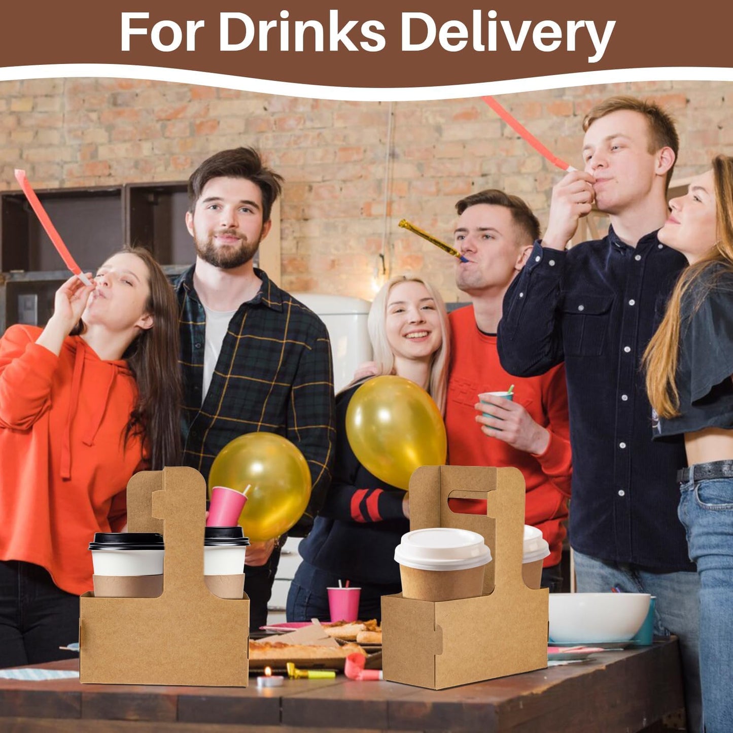 MAQIHAN 2 Cup Drink Carrier with Handle - 12Pcs Disposable Paper Cardboard Coffee Cup Holder Portable Drink Caddy Cup Carriers to go Cup Holder Food Delivery Accessories for Hot/Cold Drinks (Brown)