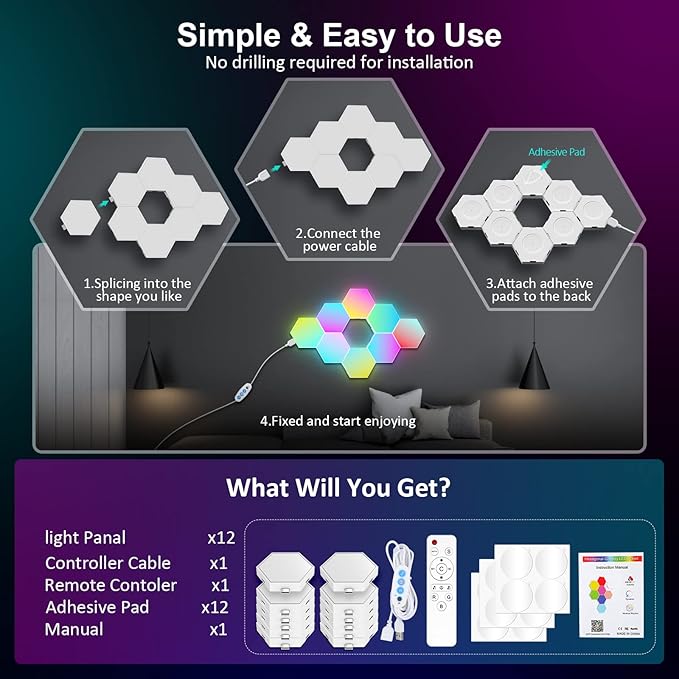OJQ 12 Pack Hexagon Lights Wall RGB Panel - Hexagonal Led Lights Room Decor Wall Lights Smart APP Music with Sync Honeycomb Shape Panels Hexagon Gaming Lights for Bedroom Children