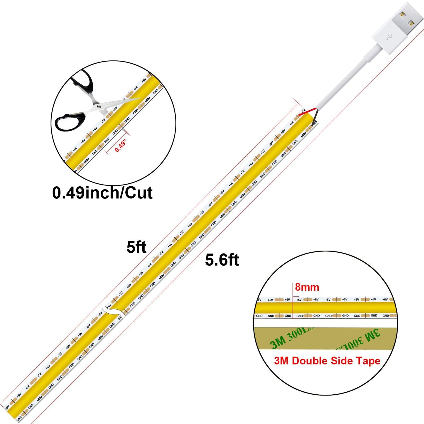 Dephen 5V Usb Led Light Strip, 4.9Ft Daylight Dotless Cob, Flexible, Self-Adhesive, Natural White, Model Hh-Snw320F008W05-