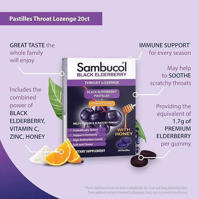 Sambucol Black Elderberry Throat Lozenges - Elderberry Cough Drops for Adults, Elderberry Zinc Lozenges Throat, Elderberry Lozenges - 20 Count