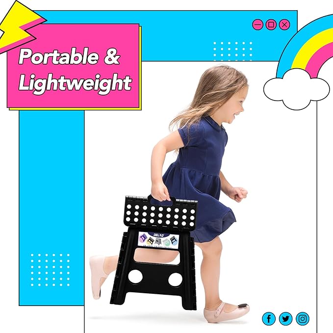 Delxo Folding Step Stool 13 Inch 2 Pack, Black Non-Slip Foldable Stools for Kids & Adults Up to 300 LBS, Step Stool with Handle, Lightweight for Kitchen/Bathroom/Bedroom/Garden