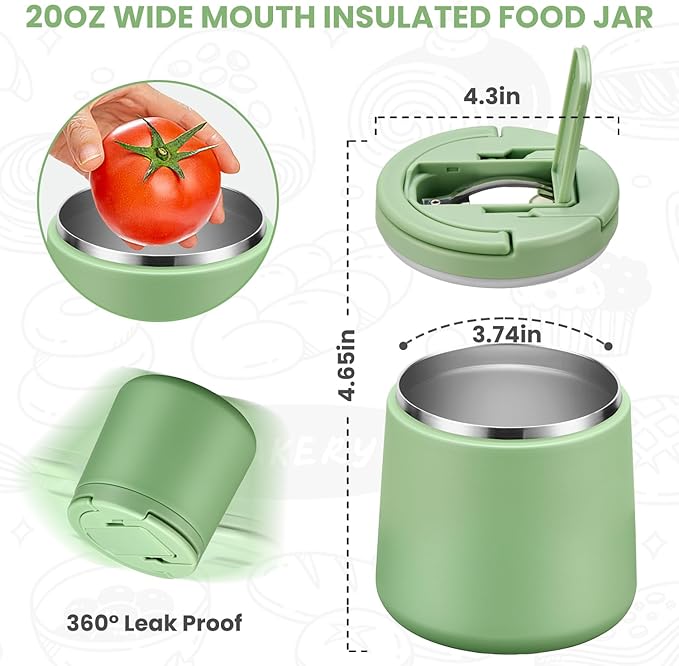Soup Thermo for Hot Food 20oz Lunch Containers with Buckle Lid Wide Mouth Hot Food Jar Vacuum Insulated Stainless Steel Bento Box Leakproof with Spoon(Green)