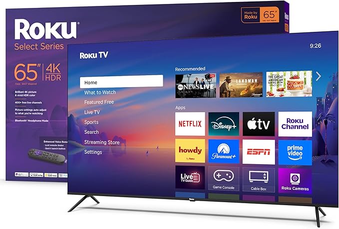Roku Smart TV 2025 – 65-Inch Select Series, 4K HDR TV – RokuTV with Enhanced Voice Remote – Flat Screen LED Television wit...