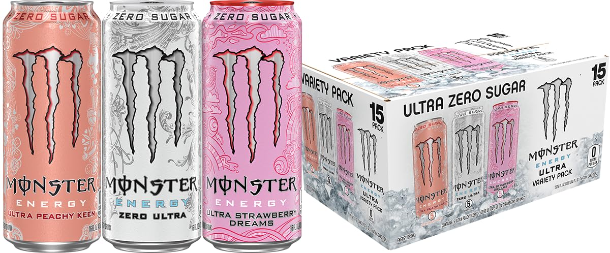 Monster Energy Ultra Variety Pack, Zero Ultra, Ultra Peachy Keen, Ultra Strawberry Dreams, Sugar Free Energy Drink, 16 Ounce (Pa